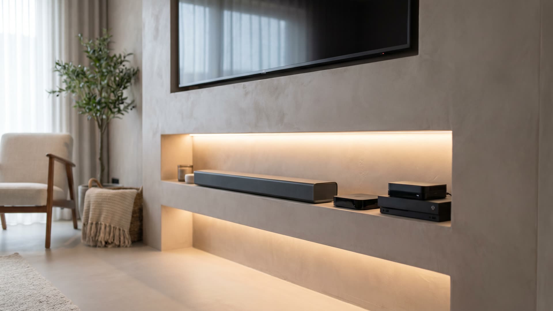 Mediavak met soundbar en apparatuur netjes weggewerkt zonder zichtbare kabels in een cinewall