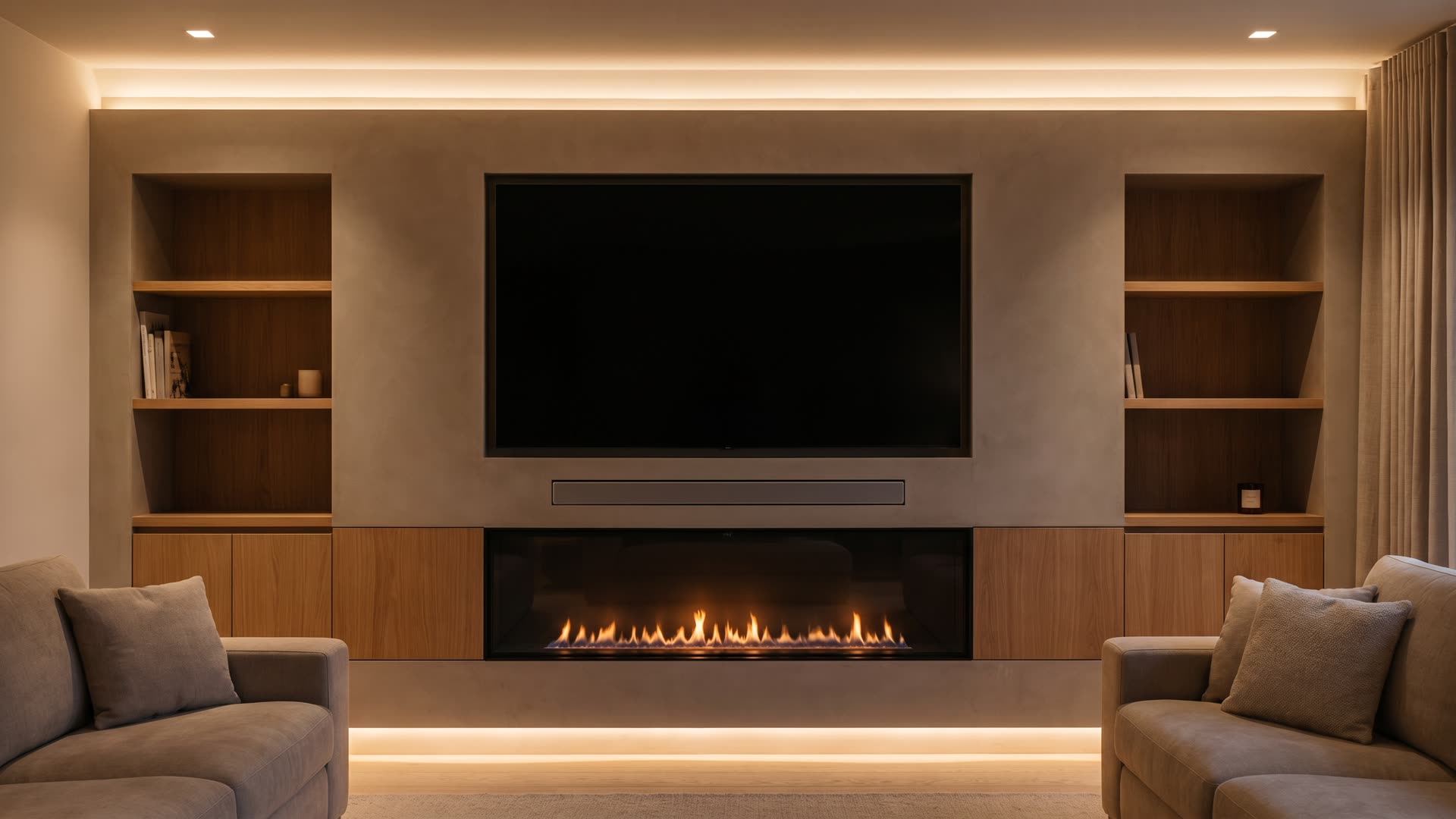 Strakke cinewall met tv en soundbar zonder zichtbare kabels in een rustige woonkamer