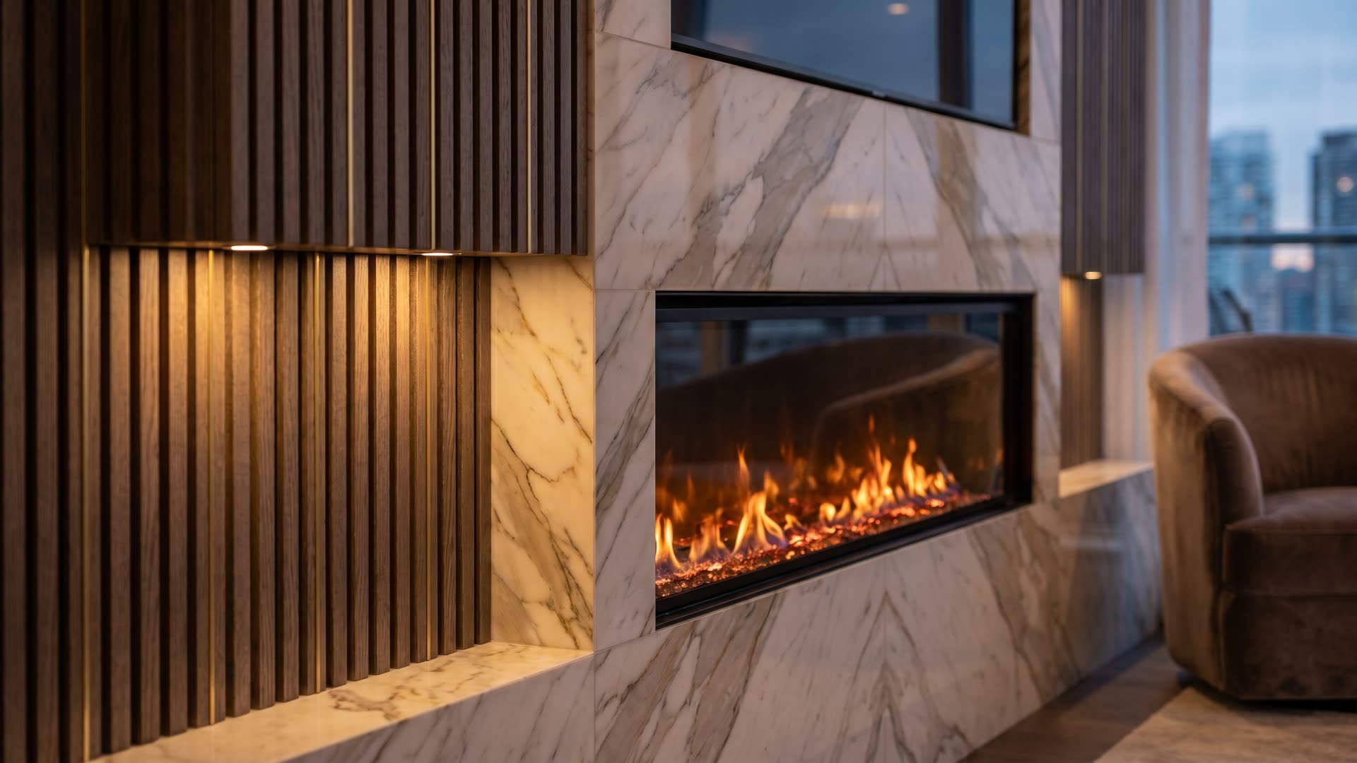 Detail van een cinewall met gerookt eiken en book-matched marmer rond een lineaire sfeerhaard