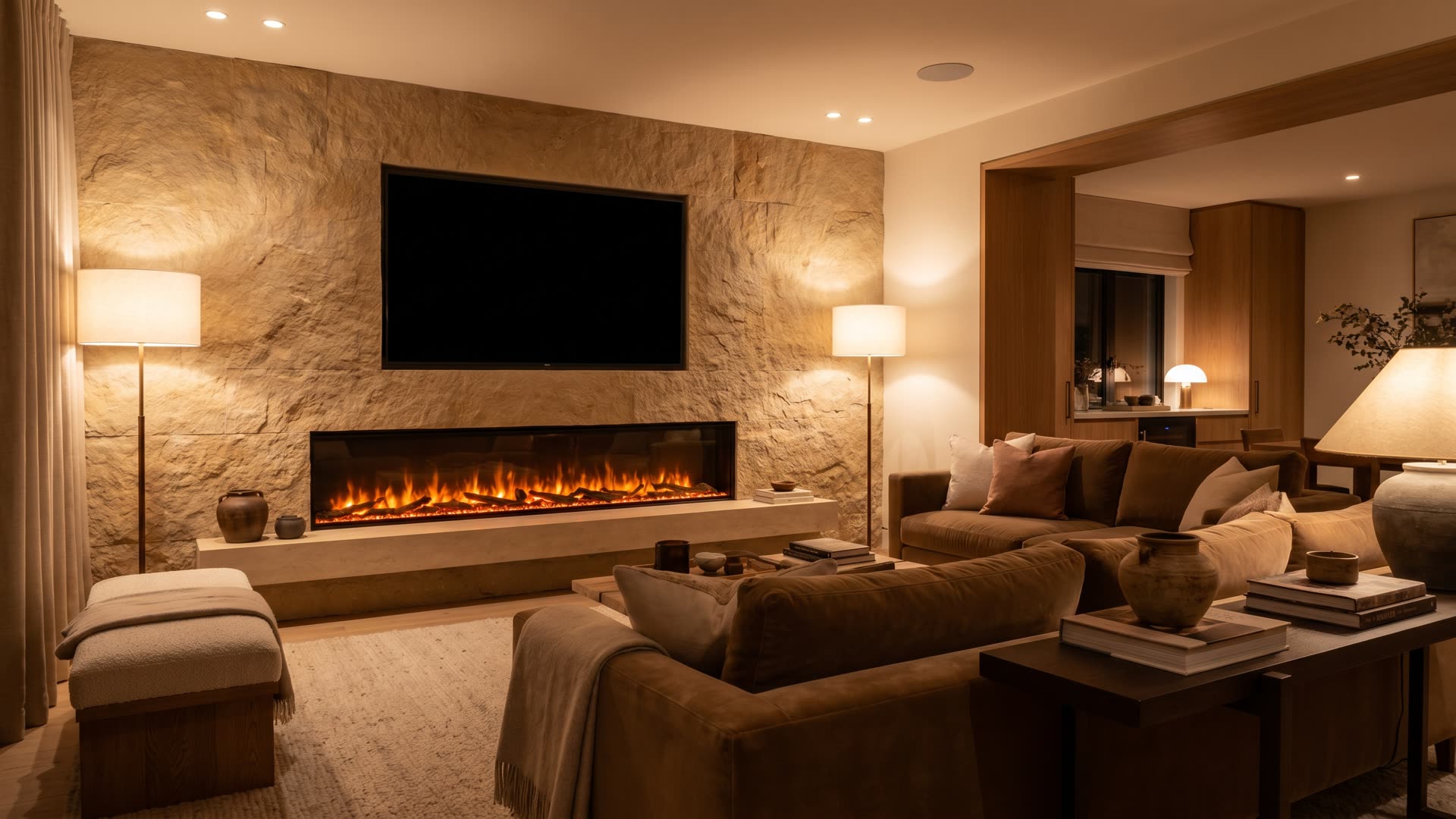 Warme tv-wand met een sfeerhaard onder de televisie en natuurlijke materialen