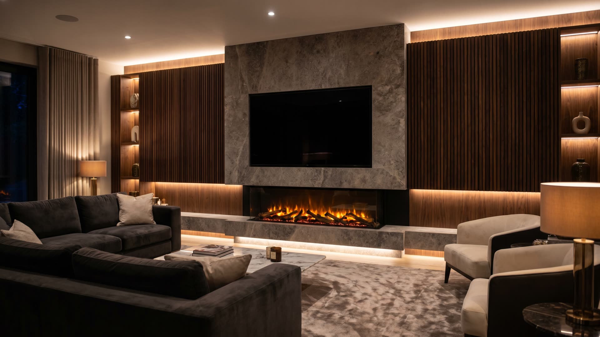 Moderne cinewall met een walnoot lattenwand en sfeerhaard, een tv-wand trend voor 2026