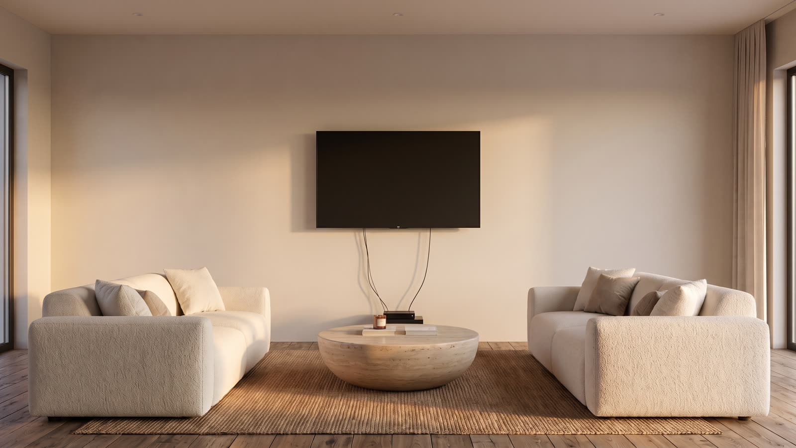 Voor en na: dezelfde woonkamer met een kale muur en met een cinewall met sfeerhaard op maat