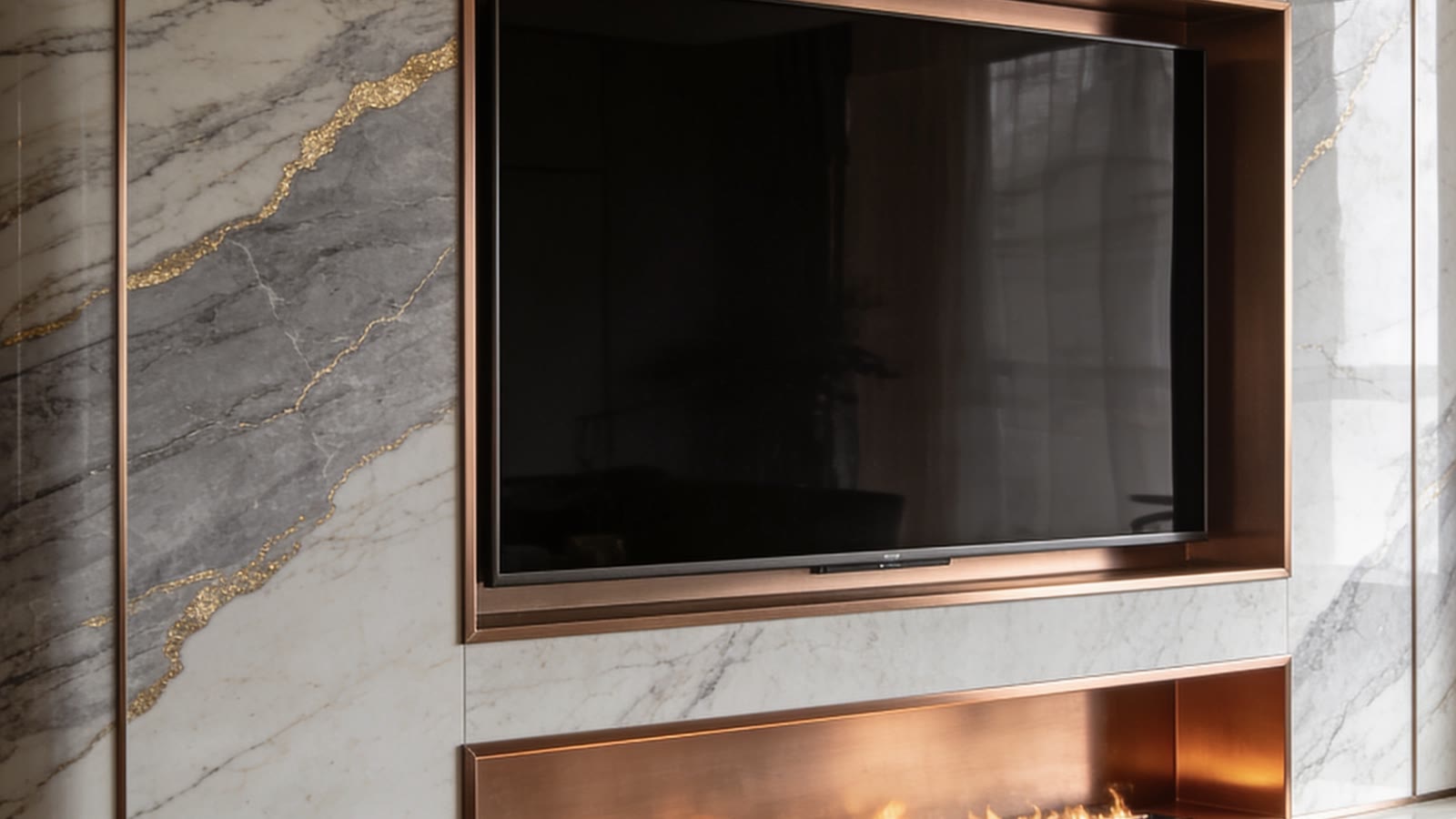 Book-matched marmeren cinewall met koperen kader, televisie en lineaire sfeerhaard