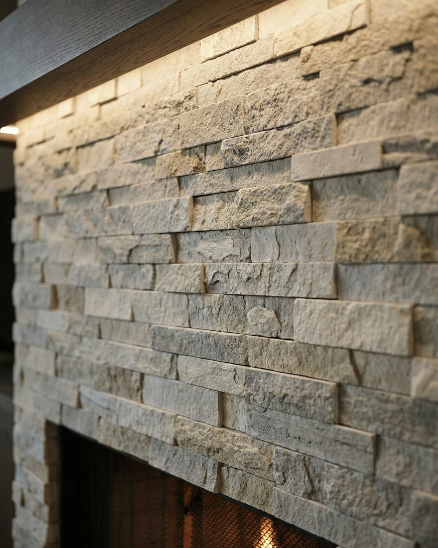 Steenstrips wand in warme grijstinten met strijklicht en haardgloed
