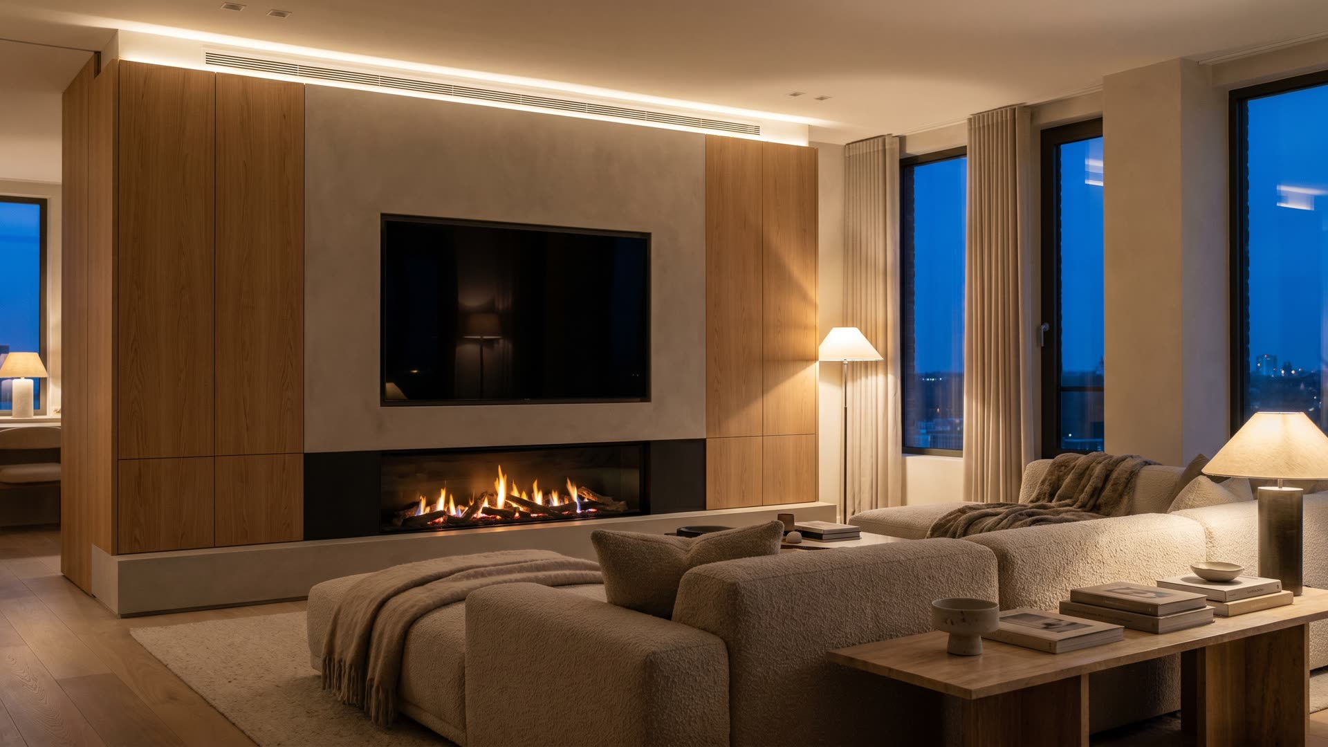 Warme cinewall met een sfeerhaard onder de tv in een avondlijke woonkamer