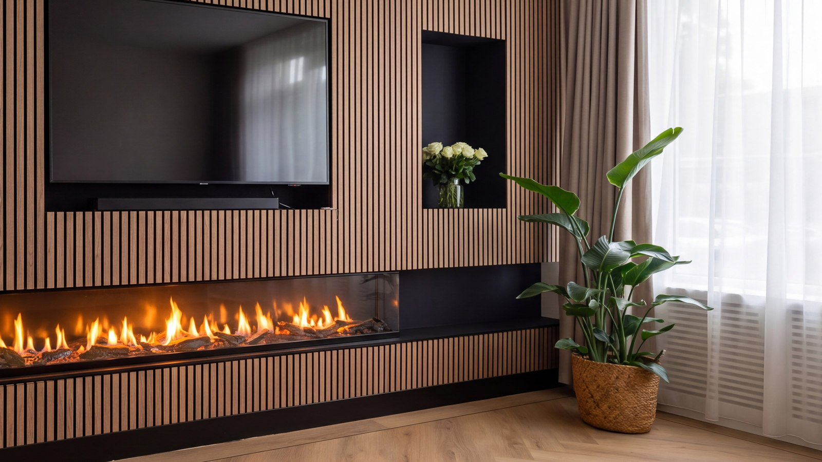 De wand richting het raam, met de tweede nis, de plant en het daglicht