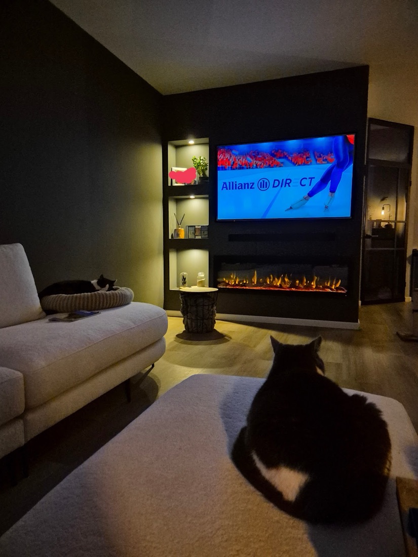 Woonkamer met cinewall en brandende haard, foto van Kevin